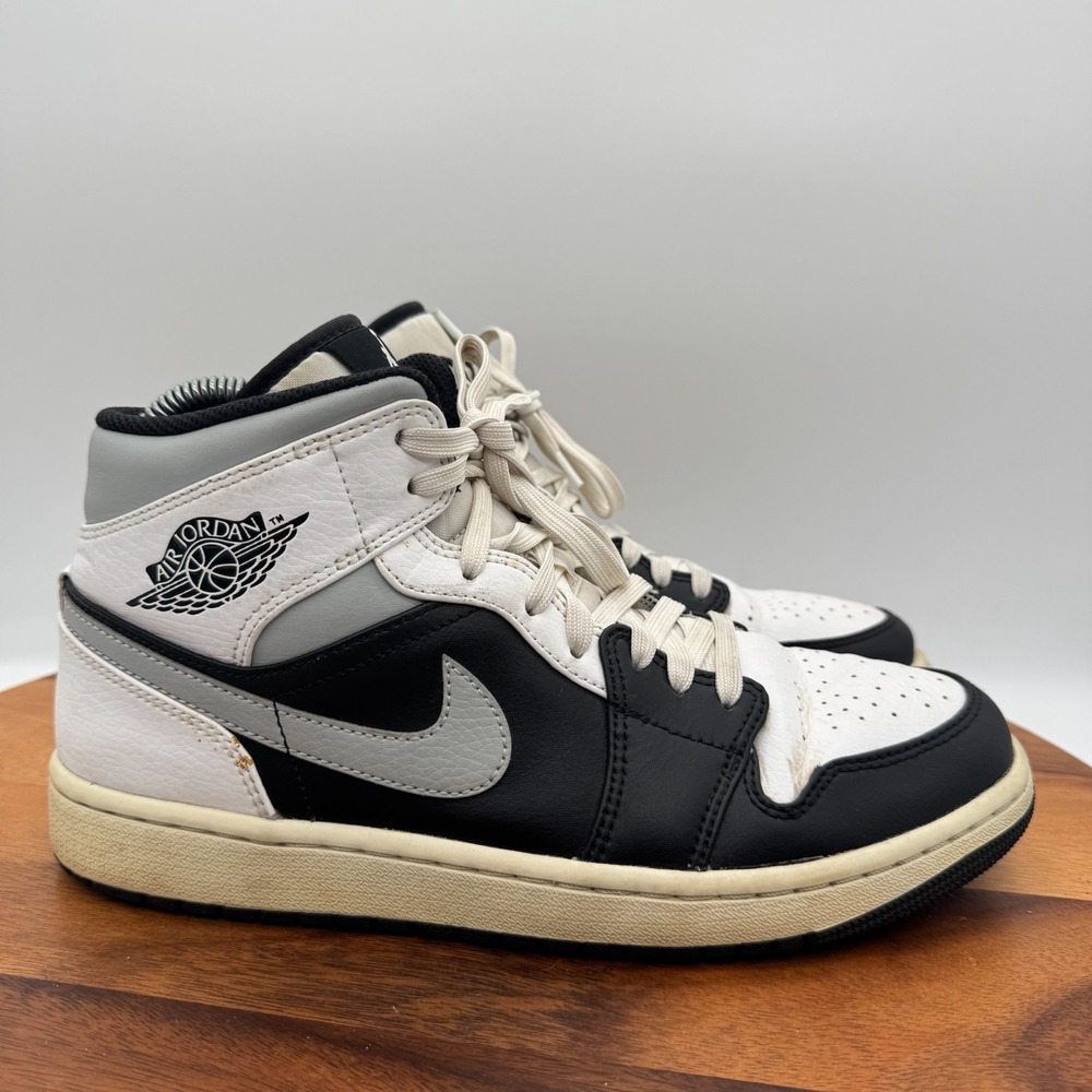 Nike Air Jordan 1 Mid Shoes Mens 9 White Black Gray Basketball Athletic Sneakers